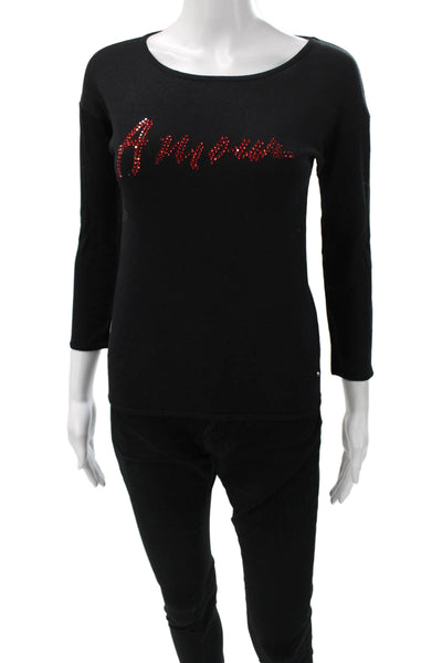 Sonia Rykiel Women Basic Black Cotton Boat Neck 3/4 Sleeve T-Shirt Size S