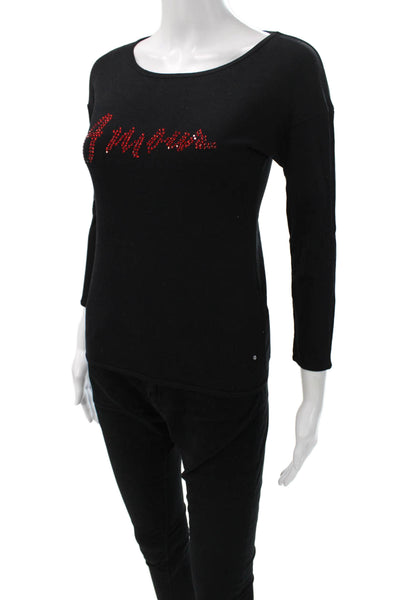 Sonia Rykiel Women Basic Black Cotton Boat Neck 3/4 Sleeve T-Shirt Size S