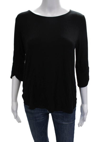 Amour Vert Women Basic T-Shirt Black Boat Neck 3/4 Sleeve Modal Size XS