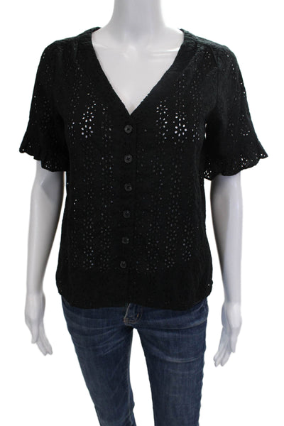 Madewell Women Black Floral V-Neck Cotton Short Sleeve Blouse Button Size XS