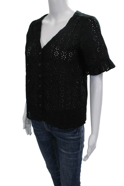 Madewell Women Black Floral V-Neck Cotton Short Sleeve Blouse Button Size XS
