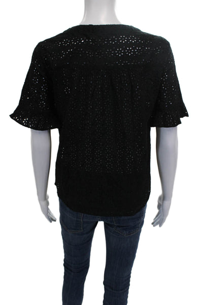 Madewell Women Black Floral V-Neck Cotton Short Sleeve Blouse Button Size XS