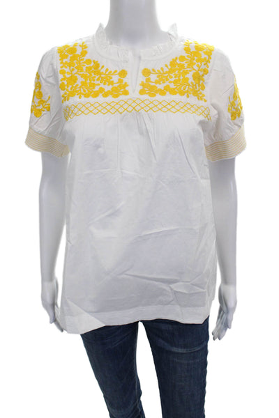 J Crew Women Floral Cotton Tunic Blouse White Short Sleeve Round Neck Size XS