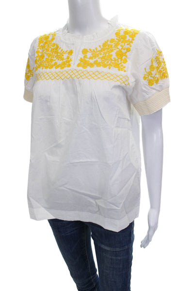 J Crew Women Floral Cotton Tunic Blouse White Short Sleeve Round Neck Size XS