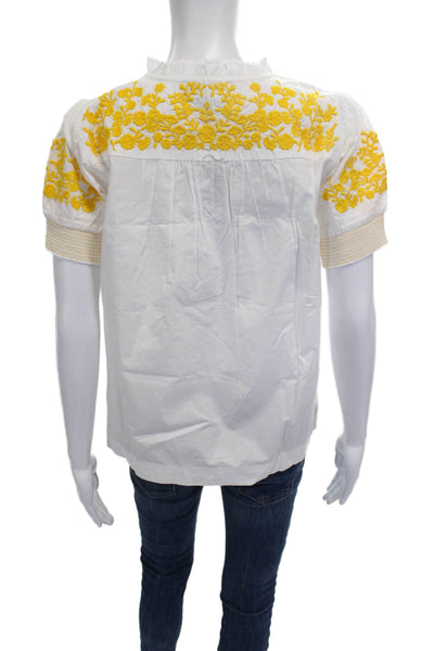 J Crew Women Floral Cotton Tunic Blouse White Short Sleeve Round Neck Size XS