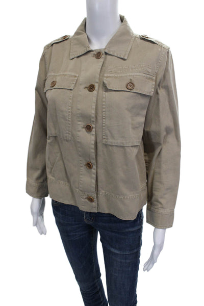 J Crew Womens Beige Cotton Military Jacket Button Long Sleeve Size PS