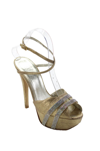 Stuart Weitzman Women's Rhinestone Platform Stiletto Sandals Gold Size 7
