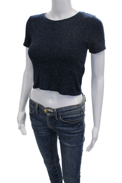 Alice + Olivia Women Cropped T-Shirt Blue Wool Short Sleeve Round Neck Size XS