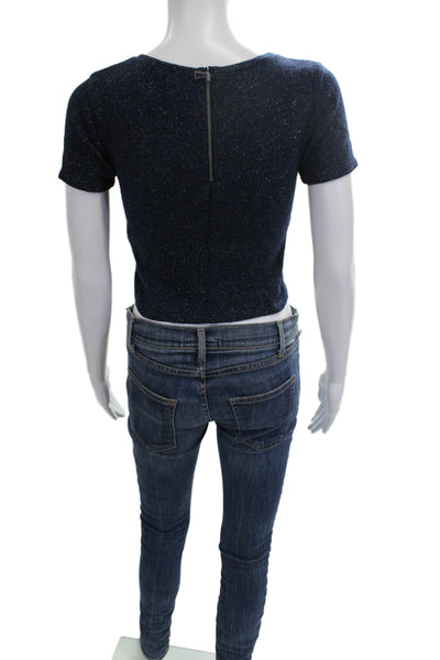 Alice + Olivia Women Cropped T-Shirt Blue Wool Short Sleeve Round Neck Size XS