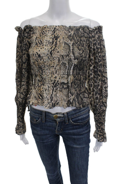 Allsaints Womens Cropped Off Shoulder Animal Print Blouse Long Sleeve Size 4