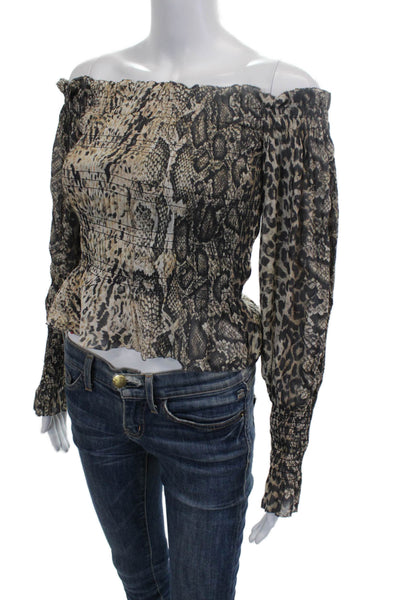 Allsaints Womens Cropped Off Shoulder Animal Print Blouse Long Sleeve Size 4