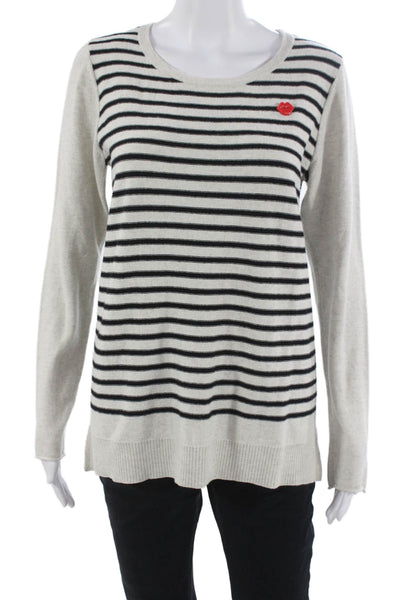 Lisa Todd Women Cotton Striped Round Neck Pullover White Long Sleeve Size M