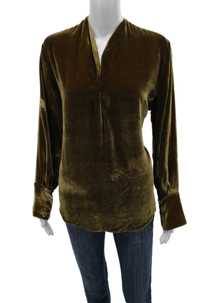 Sandra Mansour Womens Silk Tunic Blouse Green V-Neck Long Sleeve Size 42