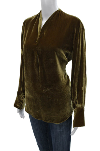 Sandra Mansour Womens Silk Tunic Blouse Green V-Neck Long Sleeve Size 42