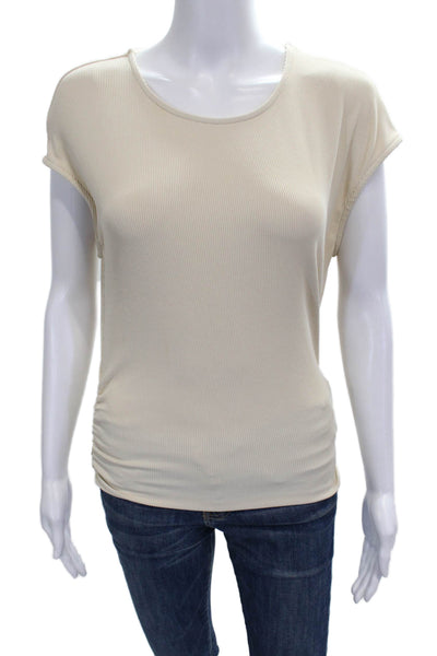 BTFBM Womens Basic T-Shirt Beige Modal Blend Round Neck Cap Sleeve Size M