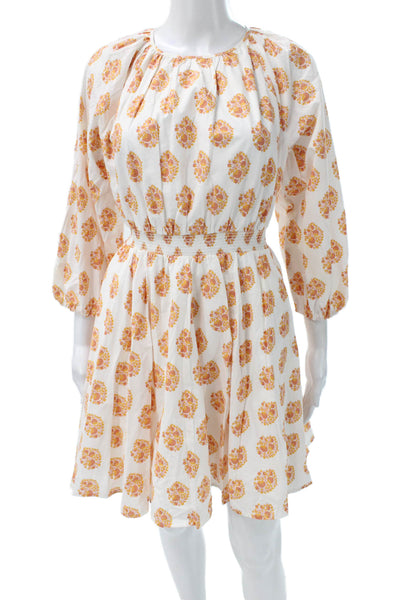 J Crew Womens Fit & Flare Dress White Floral Cotton 3/4 Sleeve Size XS