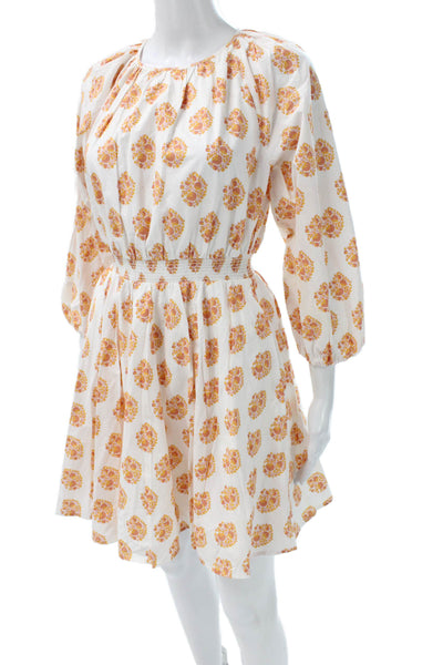 J Crew Womens Fit & Flare Dress White Floral Cotton 3/4 Sleeve Size XS