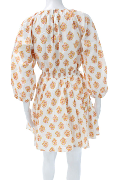 J Crew Womens Fit & Flare Dress White Floral Cotton 3/4 Sleeve Size XS