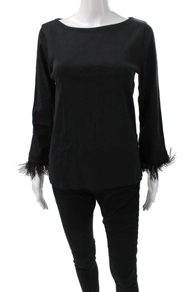 J Crew Women Black Cotton Long Sleeve Boat Neck Basic Blouse Size S