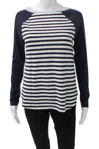 J Crew Women Blue Striped Cotton Boat Neck Basic T-Shirt Long Sleeve Size XS