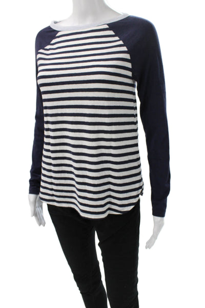 J Crew Women Blue Striped Cotton Boat Neck Basic T-Shirt Long Sleeve Size XS