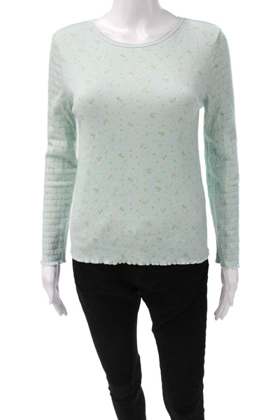 Love Shack Fancy Womens Green Floral Cotton Long Sleeve T-Shirt Size S