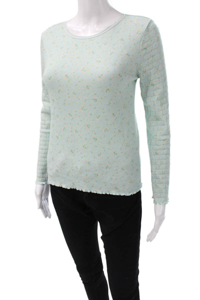 Love Shack Fancy Womens Green Floral Cotton Long Sleeve T-Shirt Size S