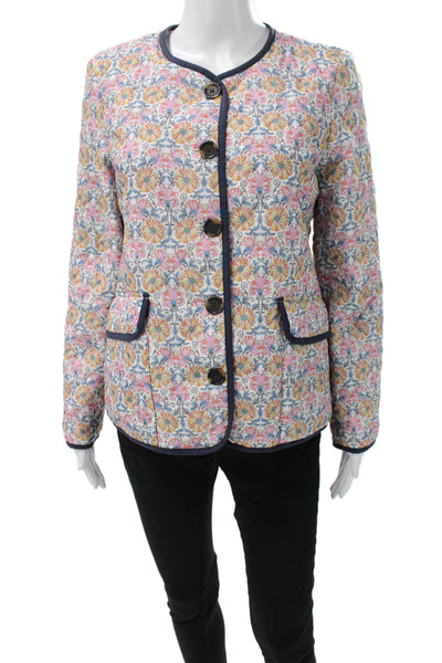 J Crew Womens Quilted Floral Polyamide Jacket Button Closure Size 2