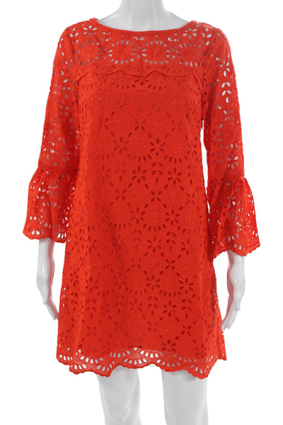 J Crew Women Shift Dress Orange 3/4 Sleeve Boat Neck Floral Size 4P