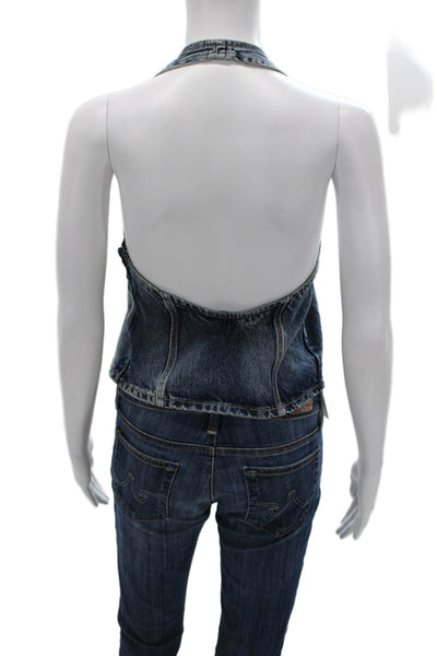 Zara Womens Halter Denim Tank Blue Sleeveless Basic Zipper Size S