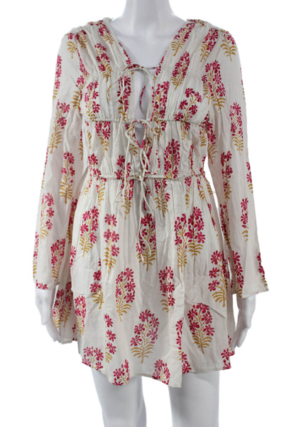 J Crew Womens Shift Dress White Floral V-Neck Long Sleeve Cotton Tie Size S