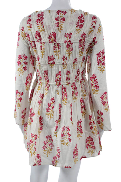 J Crew Womens Shift Dress White Floral V-Neck Long Sleeve Cotton Tie Size S