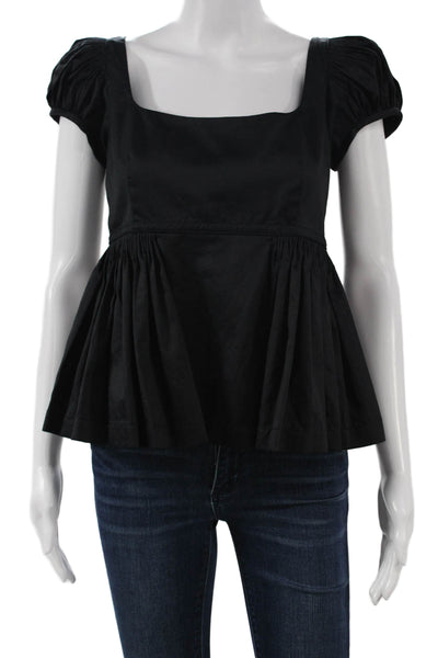 Rebecca Taylor Womens Basic Black Square Neck Short Sleeve Cotton Blouse Size 4