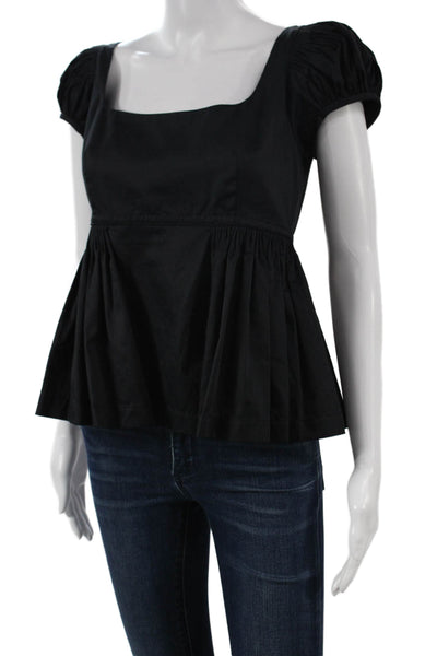 Rebecca Taylor Womens Basic Black Square Neck Short Sleeve Cotton Blouse Size 4
