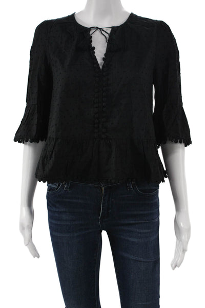 Madewell Womens Black Polka Dot V-Neck Button 3/4 Sleeve Blouse Size S