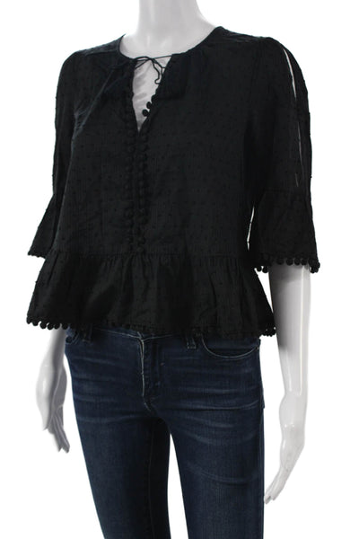 Madewell Womens Black Polka Dot V-Neck Button 3/4 Sleeve Blouse Size S