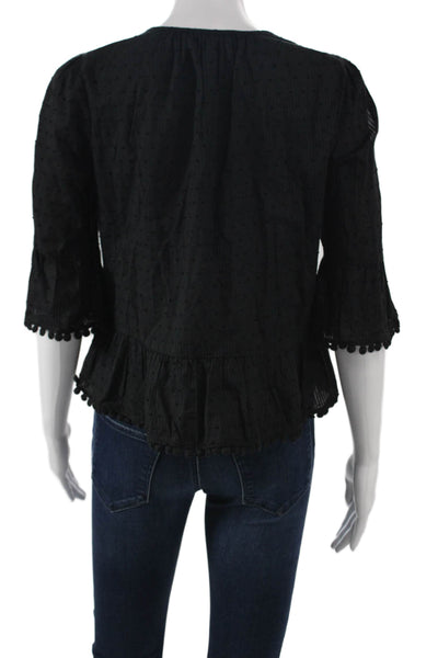 Madewell Womens Black Polka Dot V-Neck Button 3/4 Sleeve Blouse Size S