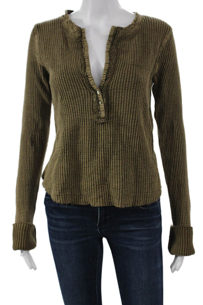 FP One by Free People Women T-Shirt Henley Long Sleeve Green Cotton Size L