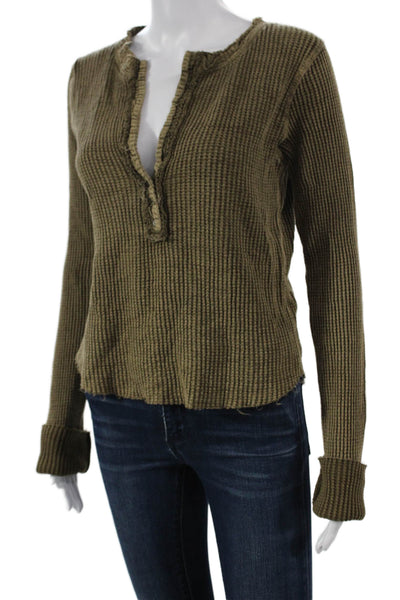 FP One by Free People Women T-Shirt Henley Long Sleeve Green Cotton Size L