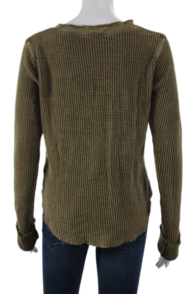 FP One by Free People Women T-Shirt Henley Long Sleeve Green Cotton Size L