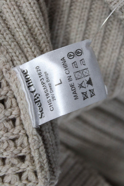 See by Chloe Women Pullover Sweater Beige Wool Geometric Crew Neck Size L
