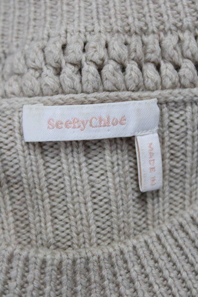 See by Chloe Women Pullover Sweater Beige Wool Geometric Crew Neck Size L