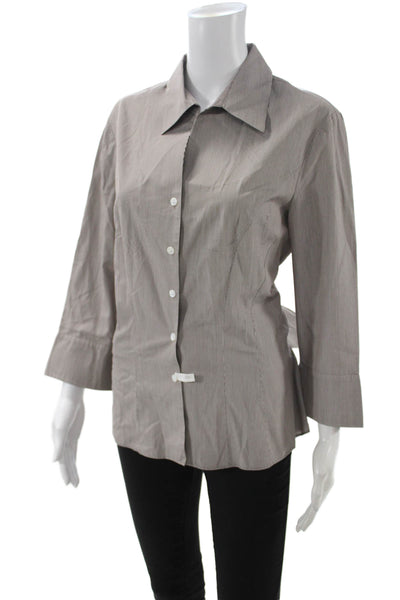 Lafayette 148 New York Women Striped Cotton Button-Up Gray 3/4 Sleeve Size 14