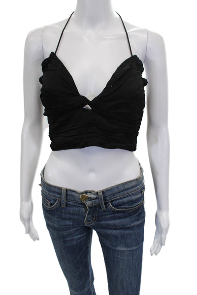Zara Women Cropped Halter Tank Black Cotton Blend Sleeveless Tie Closure Size S
