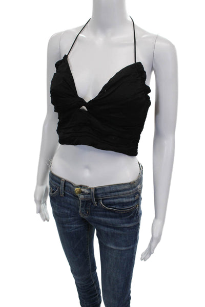 Zara Women Cropped Halter Tank Black Cotton Blend Sleeveless Tie Closure Size S