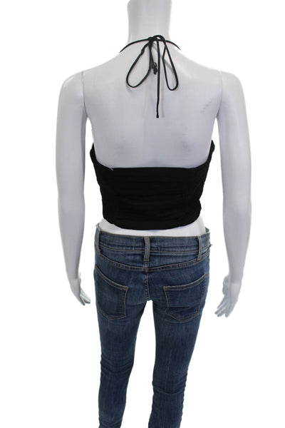 Zara Women Cropped Halter Tank Black Cotton Blend Sleeveless Tie Closure Size S