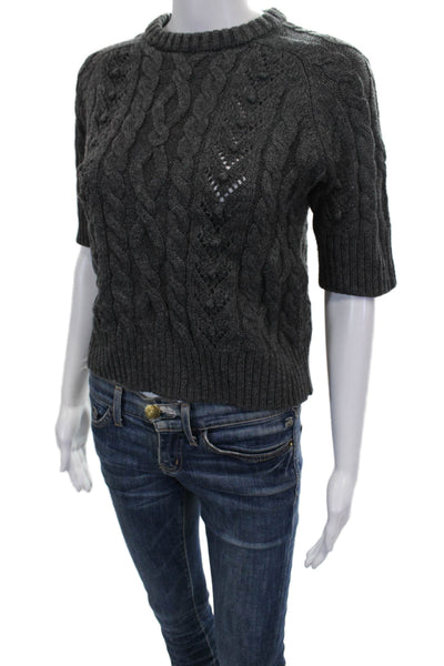 Zara Women Cable Knit Crew Neck Short Sleeve Pullover Sweater Gray Size S