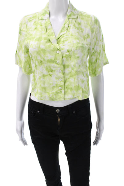 Faithfull The Brand Women Cropped Blouse Green Geometric Short Sleeve Size 4
