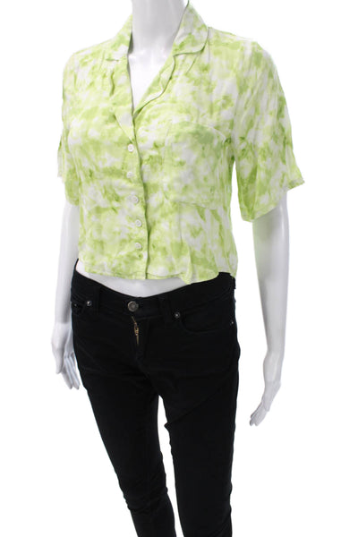 Faithfull The Brand Women Cropped Blouse Green Geometric Short Sleeve Size 4