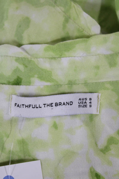 Faithfull The Brand Women Cropped Blouse Green Geometric Short Sleeve Size 4